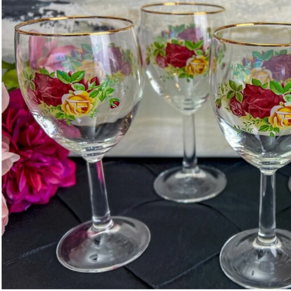 Vintage Royal Albert Old Country Roses Wine Glass Set Barware Burgundy Gold Rim